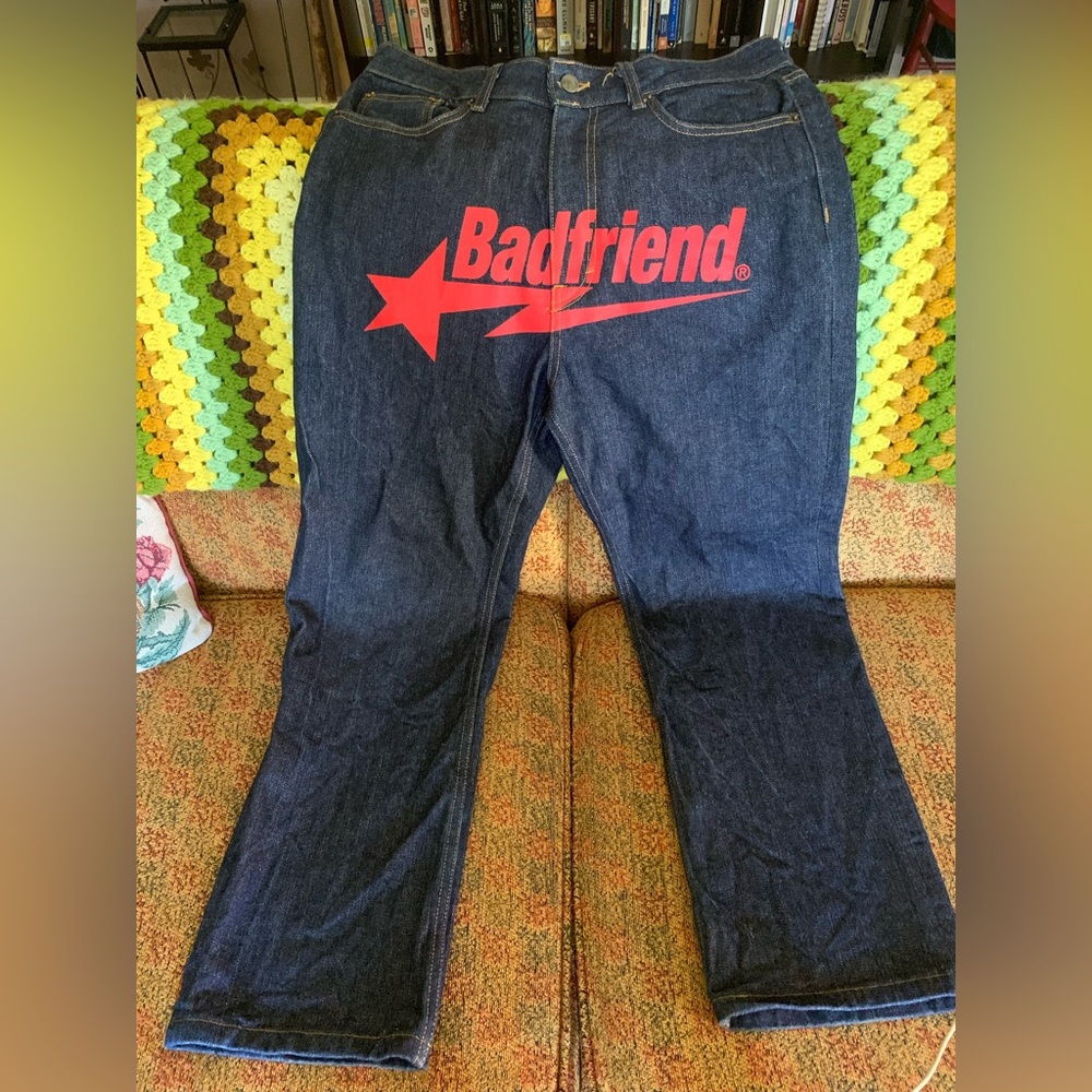 Badfriend denim jeans. Men’s size 32.  Dark denim with red logo.